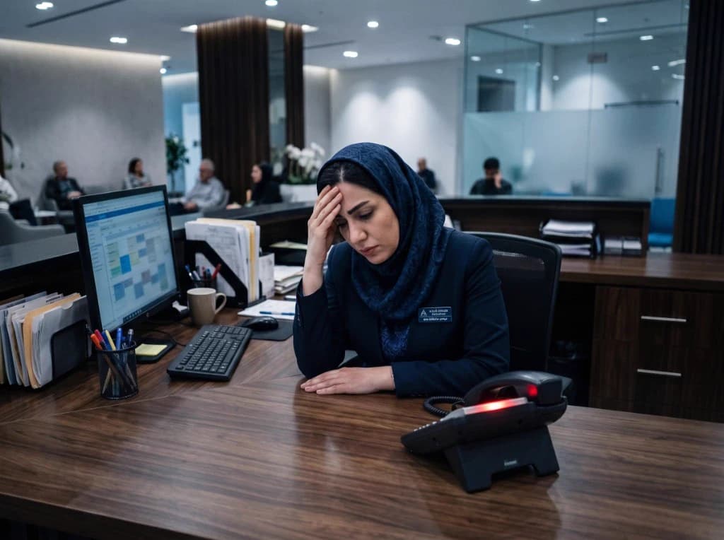 منشی مطب تحت فشار کاری پشت میز پذیرش با تلفن و مانیتور نوبت‌دهی
